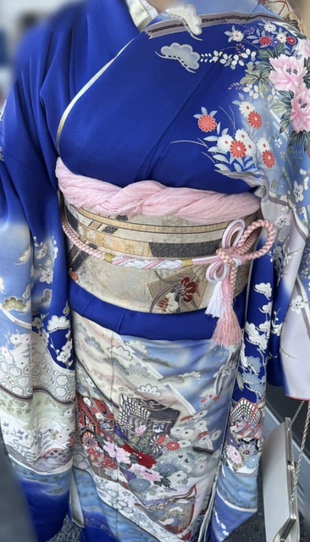 青色 風景柄 振袖 帯付き
