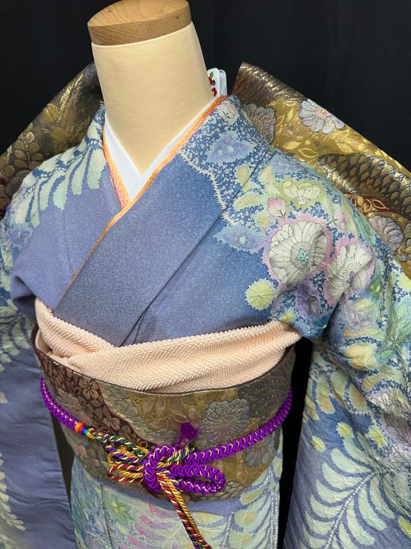 パープル系 辻が花 金通し振袖 辻が花六通柄袋帯フルセット