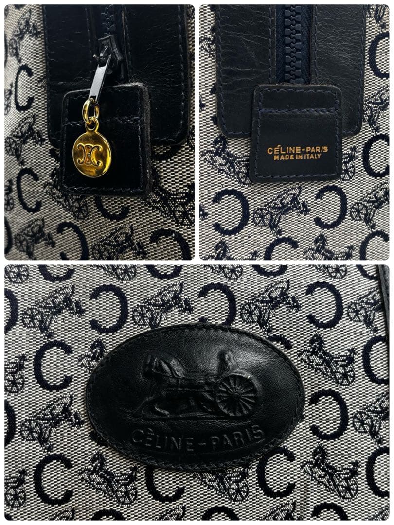 【良品】セリーヌ　ボストンバッグ　マカダム柄　レザー　キャンバス　トラベル　黒