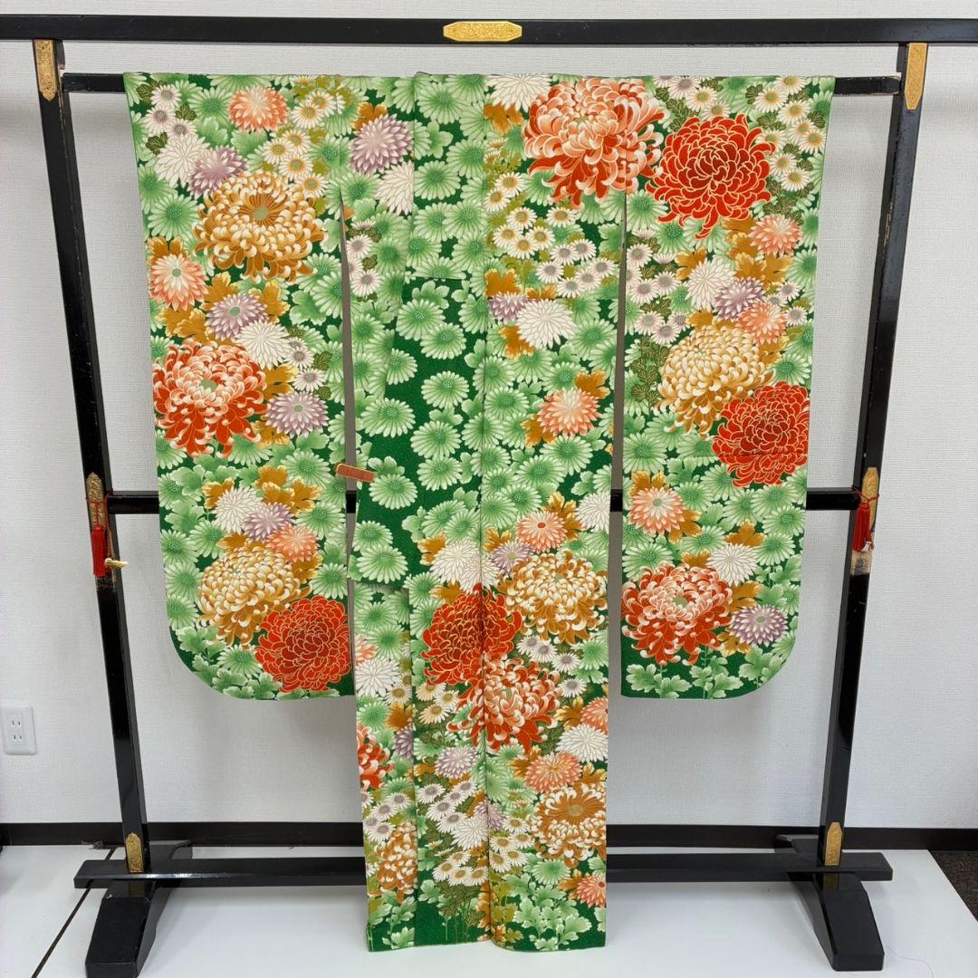 振袖 正絹 金駒刺繍 人気色のグリーン系 圧巻の花々 広衿 袷 着物翼-501