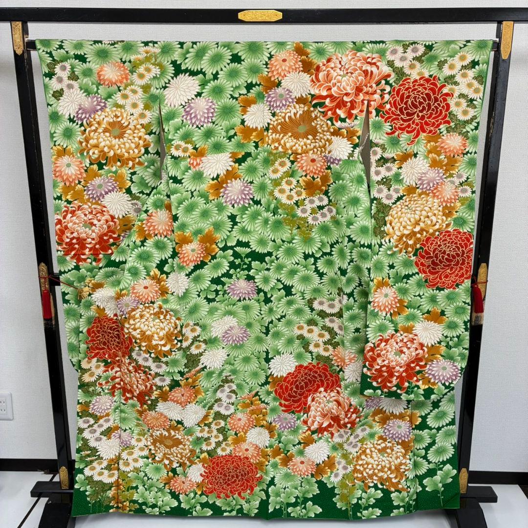 振袖 正絹 金駒刺繍 人気色のグリーン系 圧巻の花々 広衿 袷 着物翼-501