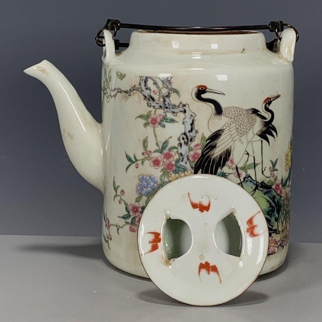 大清同治粉彩仙鶴図紋提梁壺 茶道具 工芸品 美術品 置物