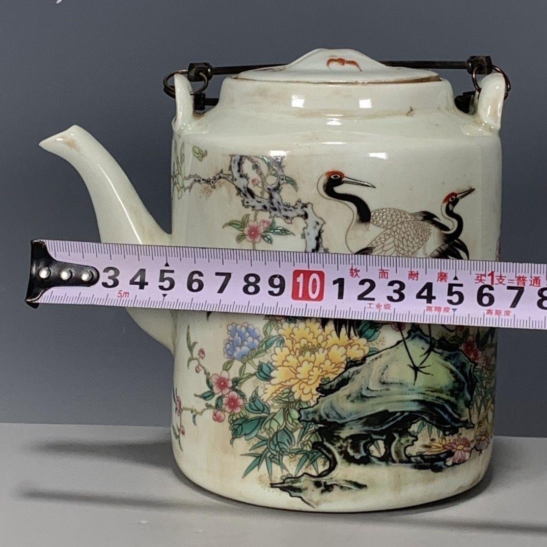 大清同治粉彩仙鶴図紋提梁壺 茶道具 工芸品 美術品 置物