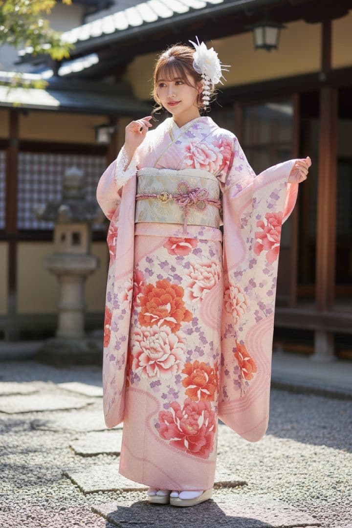 振袖フルセット(9点)・成人式・くすみ・高級手絞り・銀彩加工・大輪牡丹・正絹