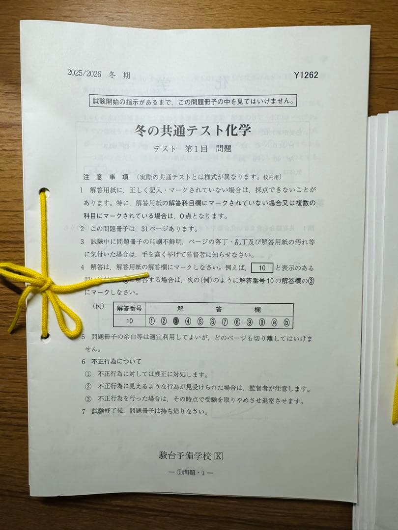 【山下先生】駿台冬の共通テスト化学　豆本付き