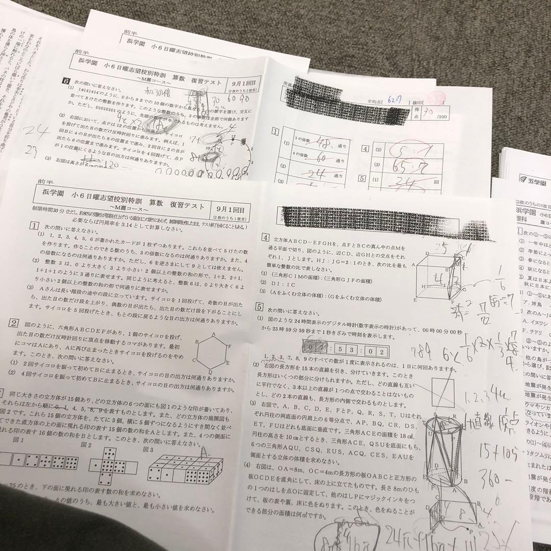 浜学園　小6 灘コース　日曜志望校別特訓　復習テスト　国算理　2021/9～12