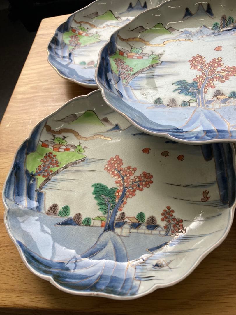 値下げ！古伊万里　染付　金彩　色絵　輪花中皿　山水画 骨董品　大皿　5枚セット