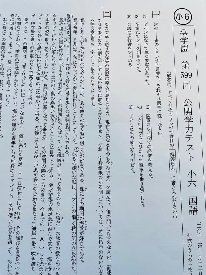 2023年、2024年度 小6 浜学園 公開学力テスト 2年分 4科目
