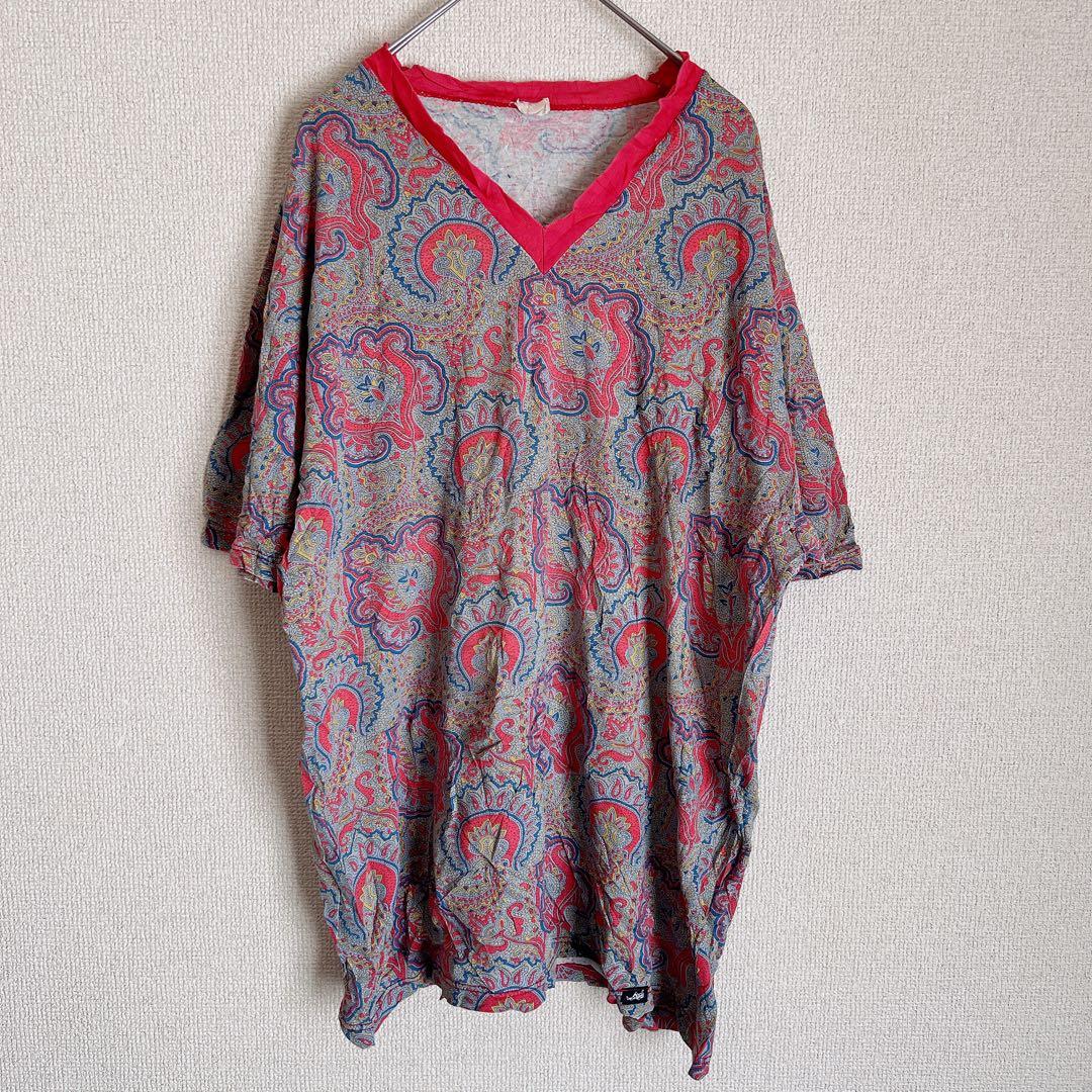 フランス製 70s風 ペイズリー総柄Tシャツ サイケデリック コットン Mサイズ