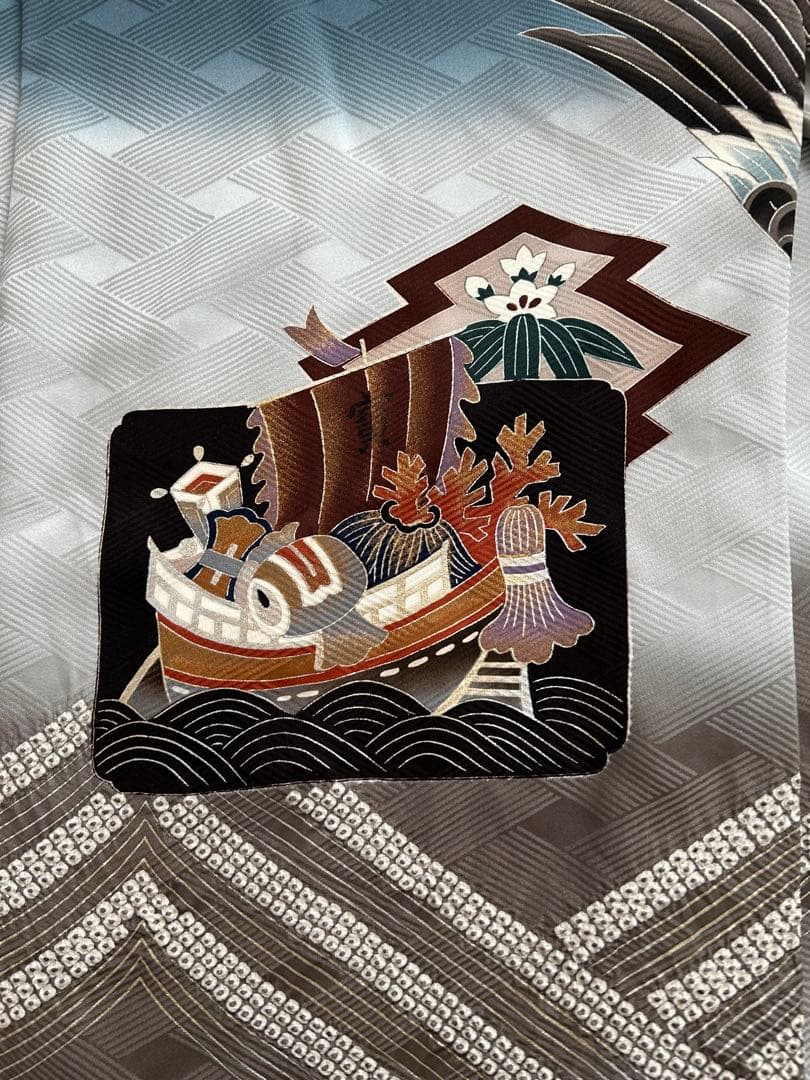 男の子　お宮参り　産着　掛け着　青い着物　襦袢　鷹と波のデザイン