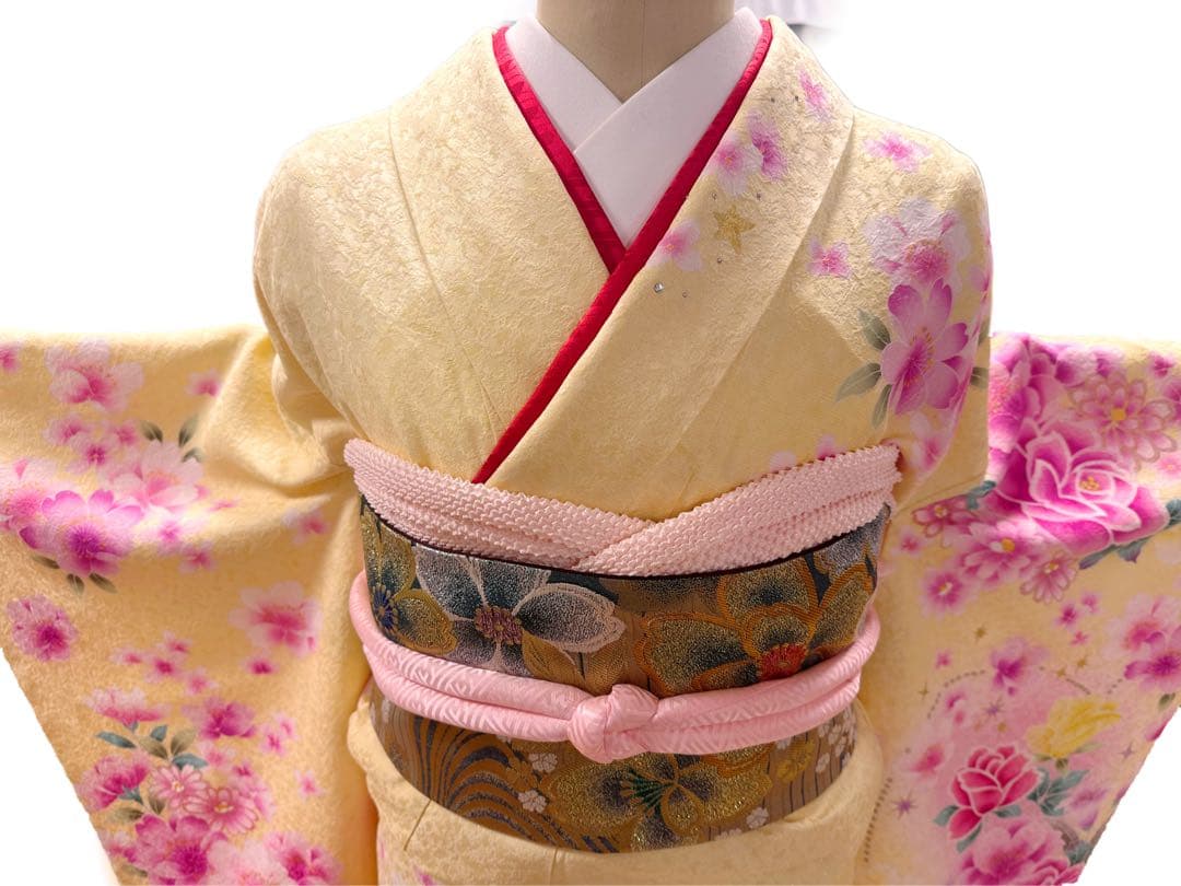 振袖 レモン色 薔薇 桜 ラメ ストーン付き 正絹 5点セット