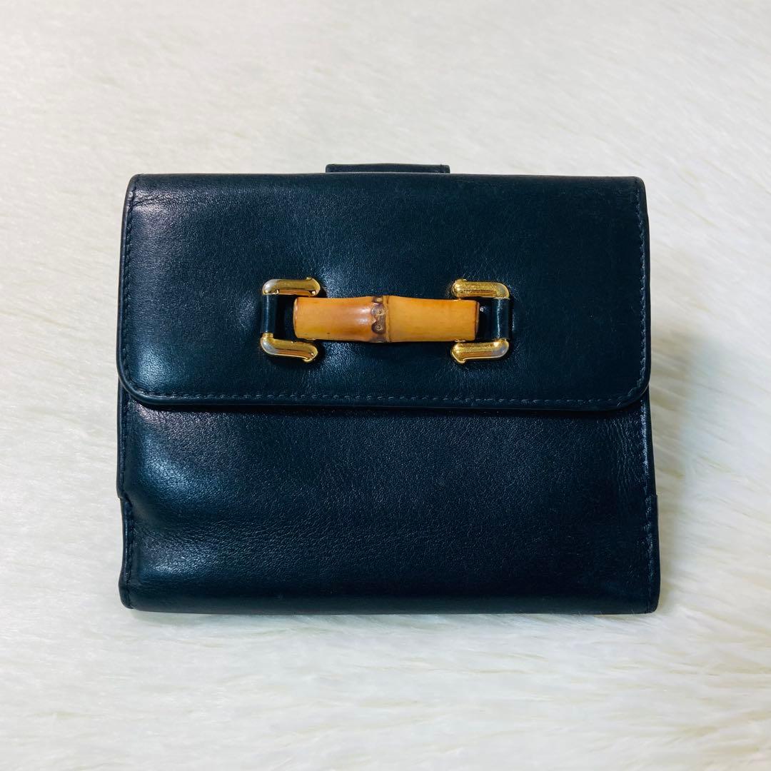 本日限定価格　美品　GUCCI グッチ　二つ折り　財布　バンブー　紺　ブラック