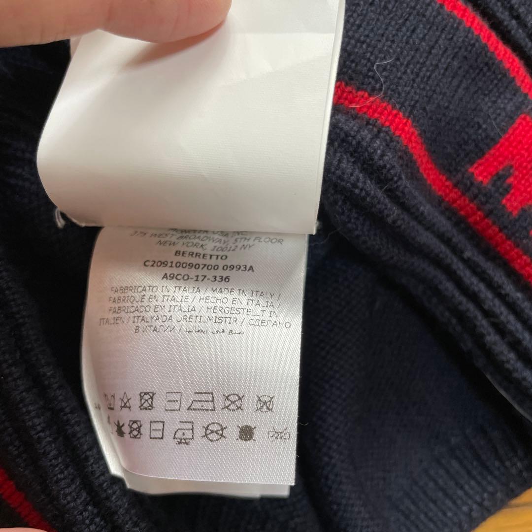MONCLER ボンボン付きニット帽 ネイビー/レッド