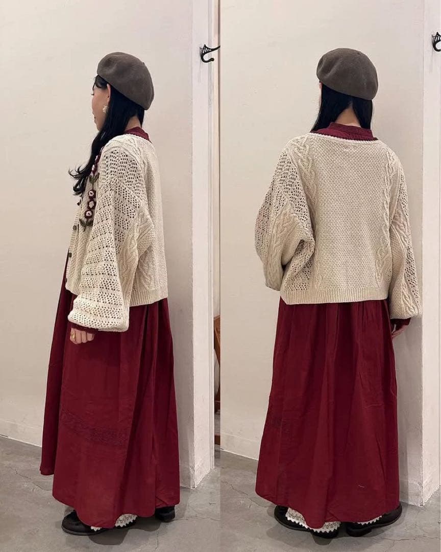 TSUHARUかぎ針お花モチーフ付きニットカーディガン