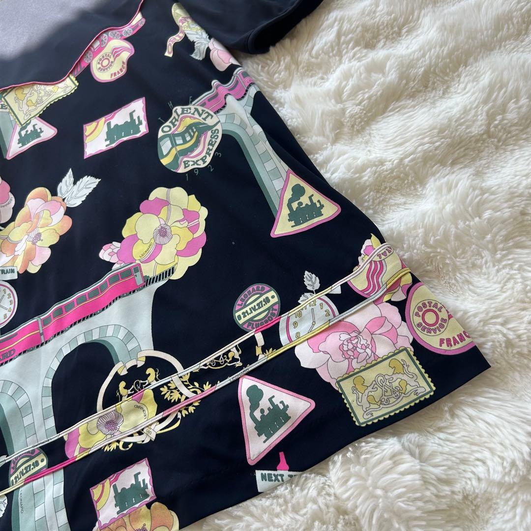 【美品】LEONARD 高級 Aラインワンピース 総柄 ピンク バラ 40