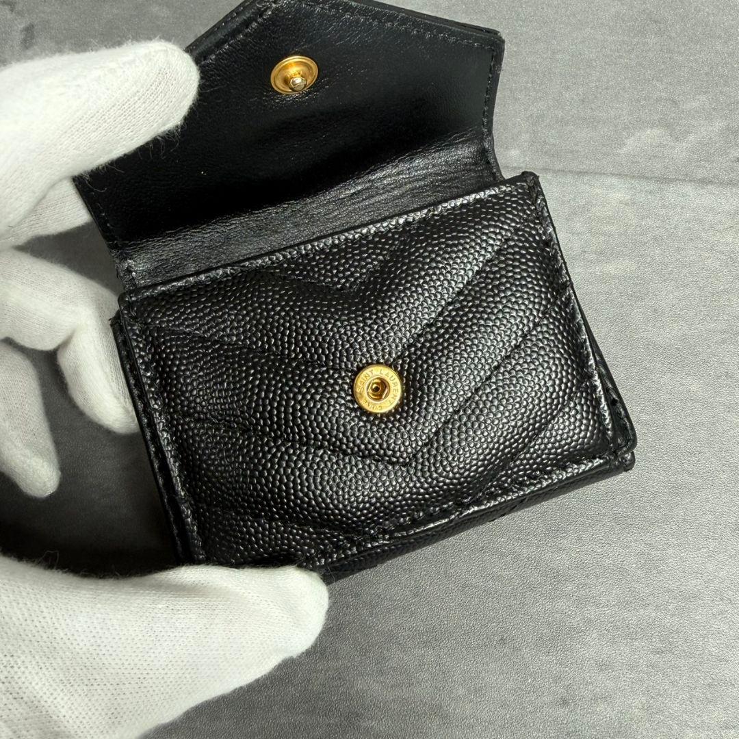 ★美品★サンローラン 三つ折り財布 Vステッチ キャビアスキン YSL ブラック