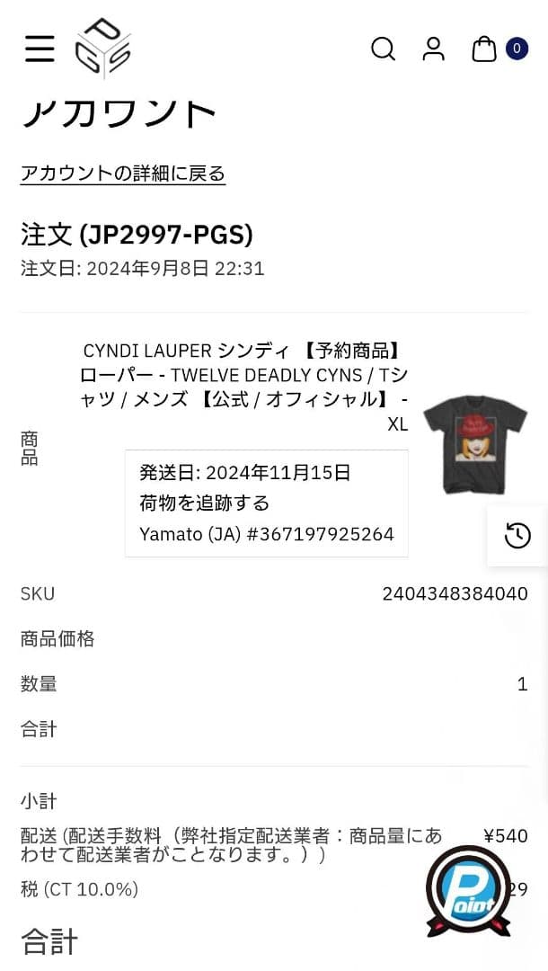 シンディローパーCyndi Lauper　Tシャツ （正規品）　未使用未開封品