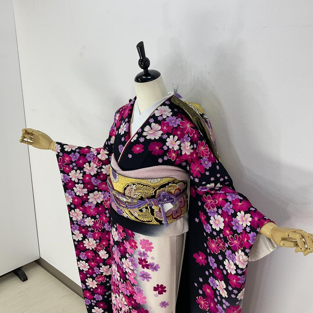 お振袖　黒　LLサイズ　正絹　美品