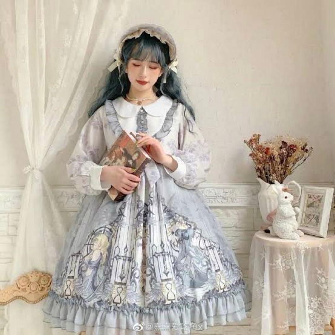ロリィタ　ワンピース ロリータ 甘ロリ 長袖　水色系　サブカル　コスプレ
