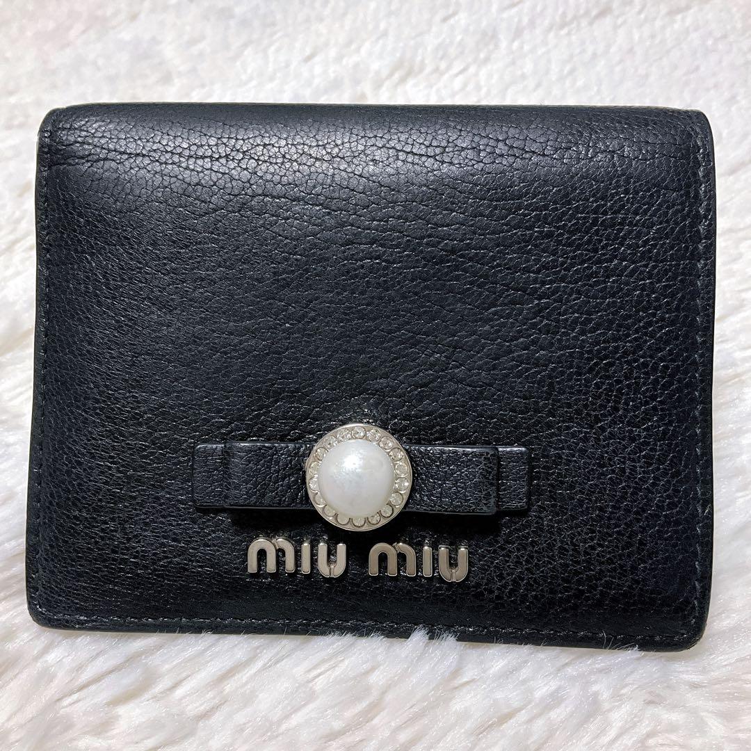 ♡希少♡miumiu 二つ折り財布 マドラス パール リボン ブラック ロゴ