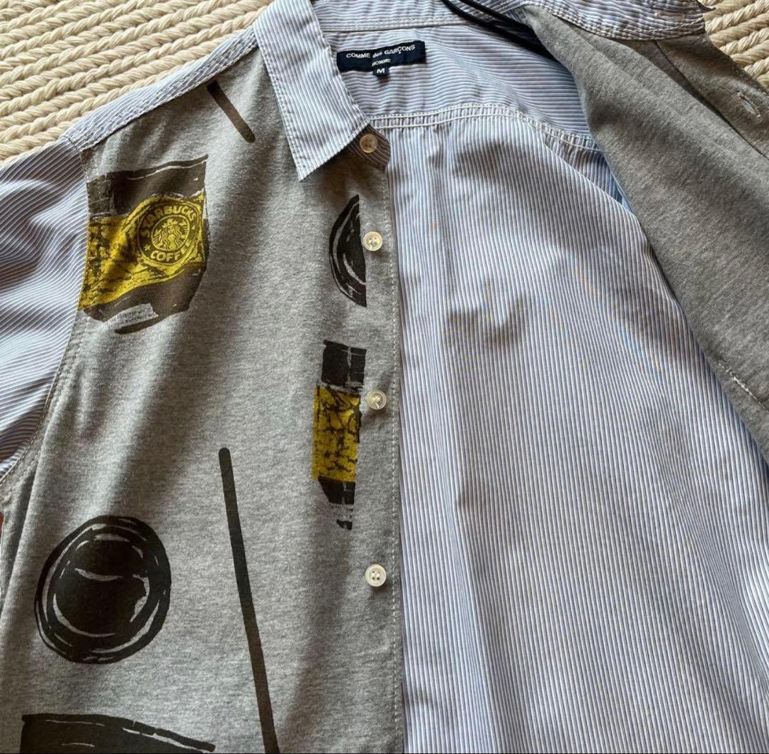 COMME des GARCONS/メンズ半袖 プリント 切替ストライプシャツ