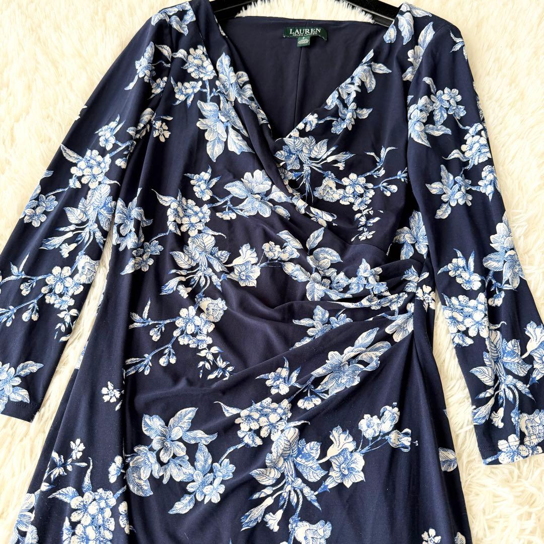 美品　ローレンラルフローレン　花柄　カシュクール　ワンピース　膝丈　ネイビー　6