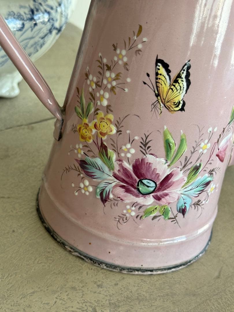 フランスアンティークホーローピンクの花と小鳥ハンドペイントコーヒーポット