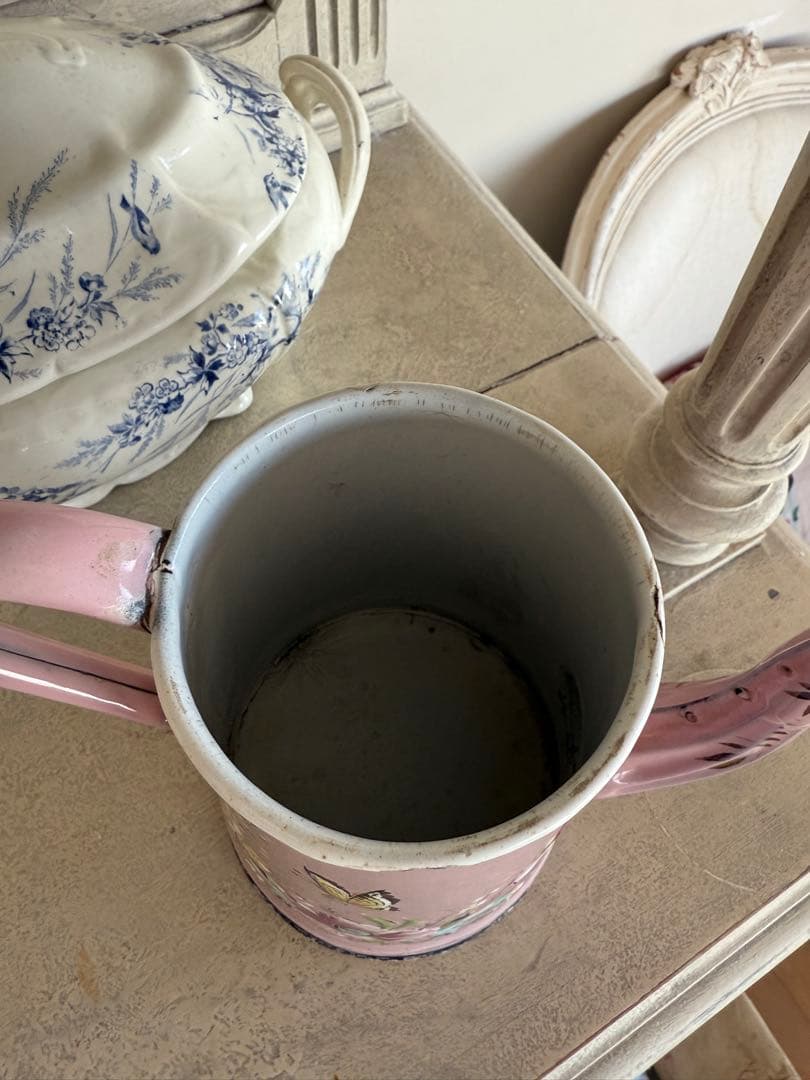 フランスアンティークホーローピンクの花と小鳥ハンドペイントコーヒーポット