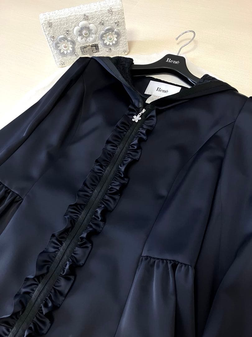 Rene♡ルネ♡レースフードフロントジップコート♡スプリング♡ネイビー♡38