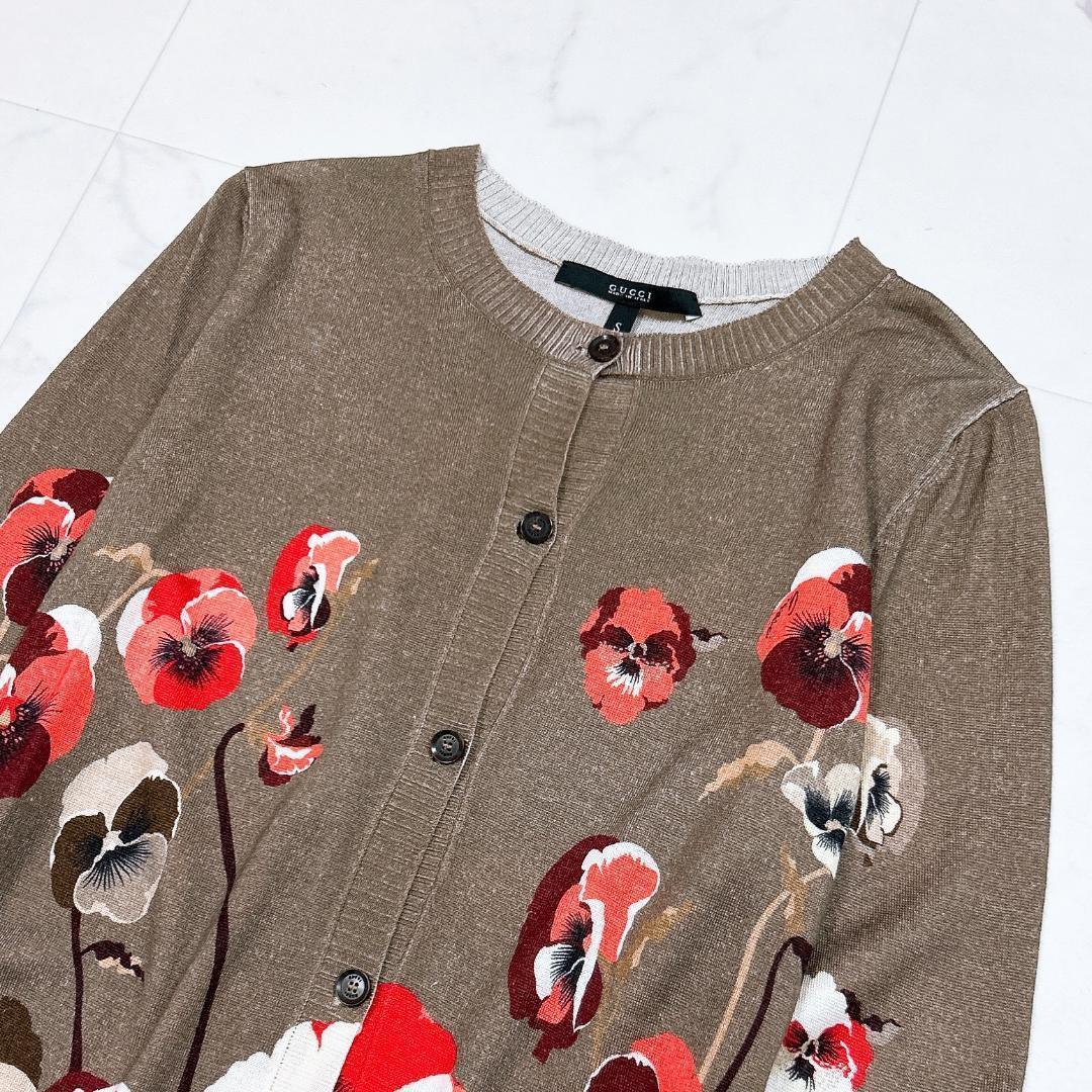 ◎ GUCCI カーディガン カシミヤ シルク ウール 花柄 ブラウン S