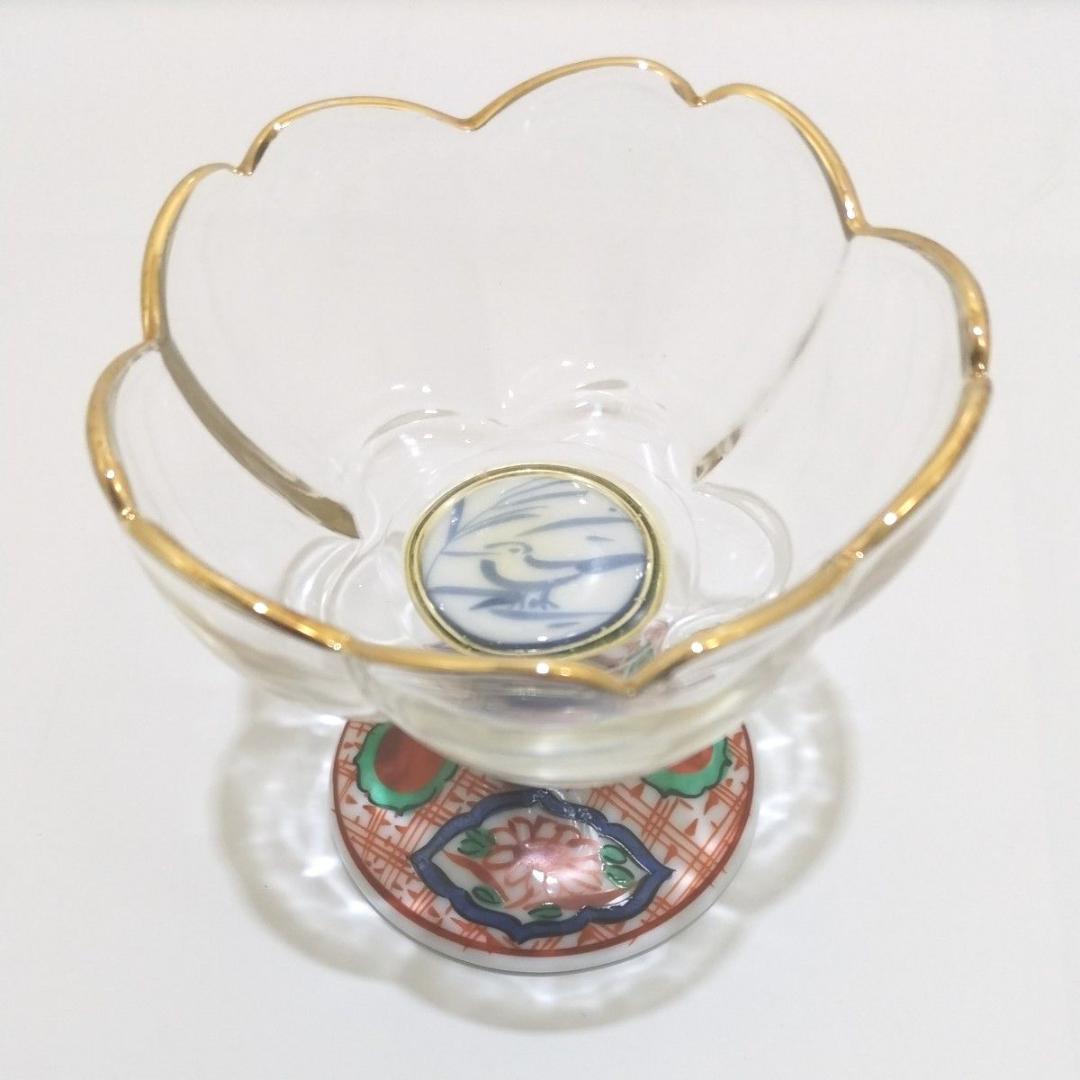 三洋陶器 龍峰窯 つみき 赤絵花鳥 ガラス デザートカップ 5個 小鉢 花風流