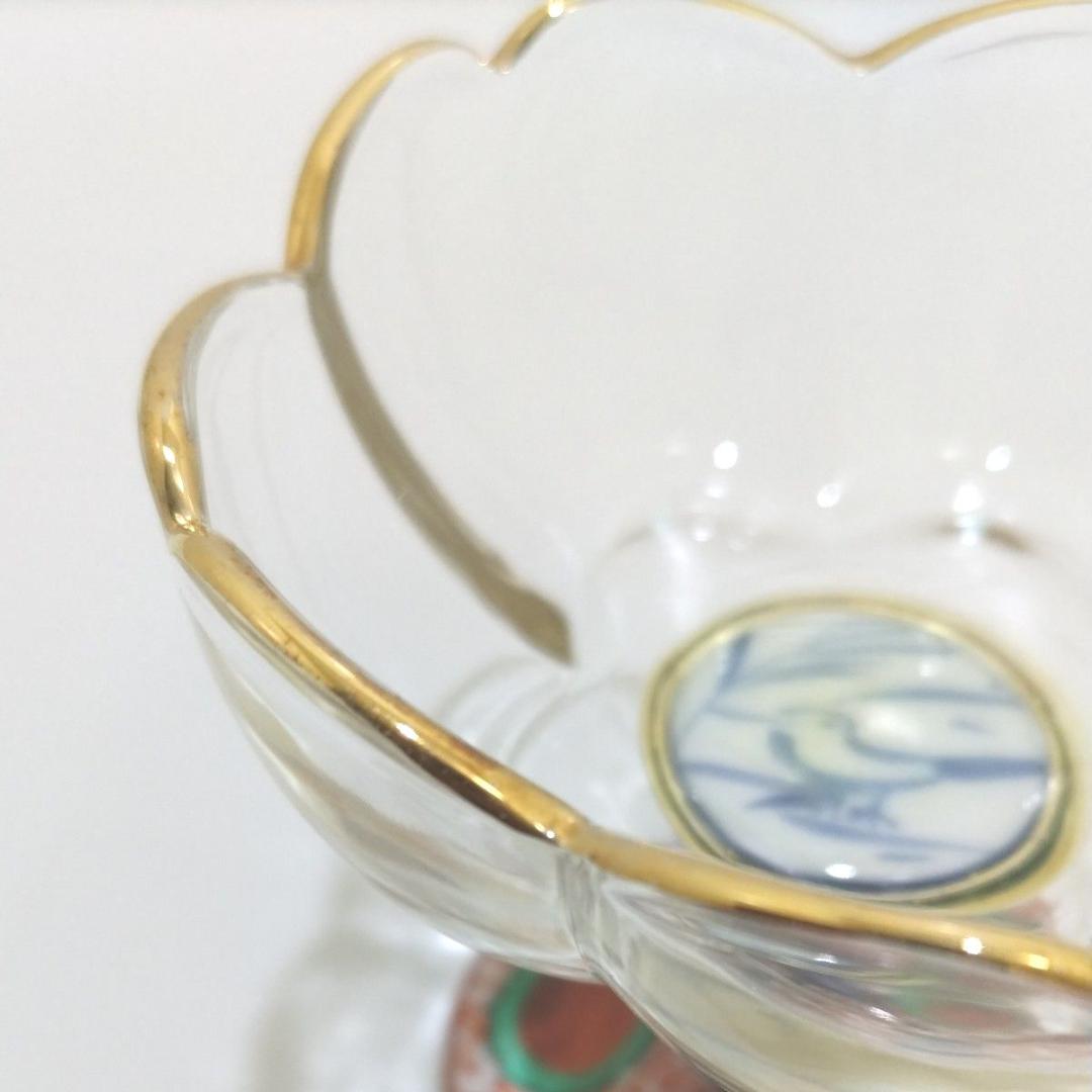 三洋陶器 龍峰窯 つみき 赤絵花鳥 ガラス デザートカップ 5個 小鉢 花風流