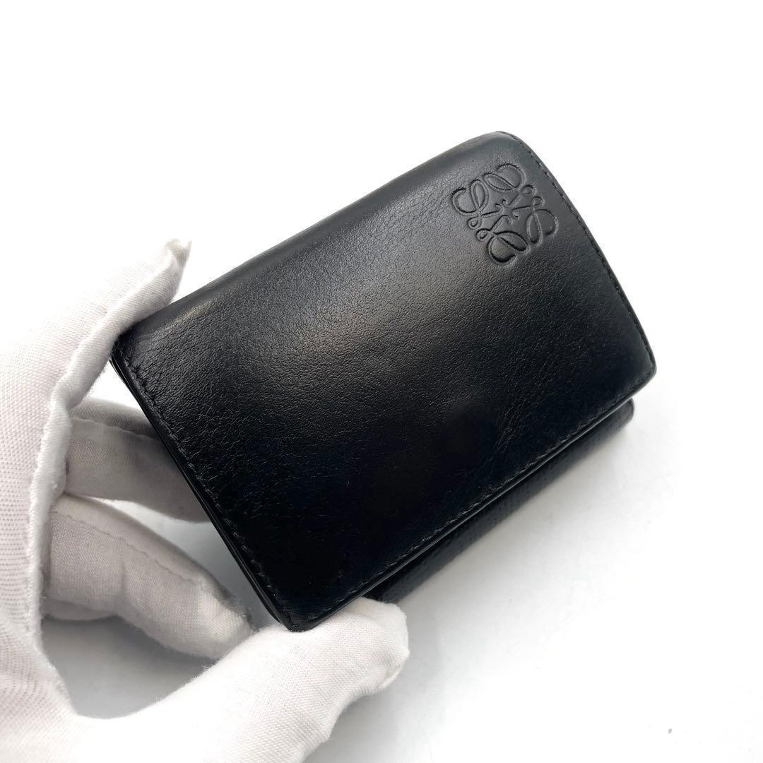 《超美品》ロエベ 三つ折り財布 トライフォールド リネン アナグラム 本革 黒系
