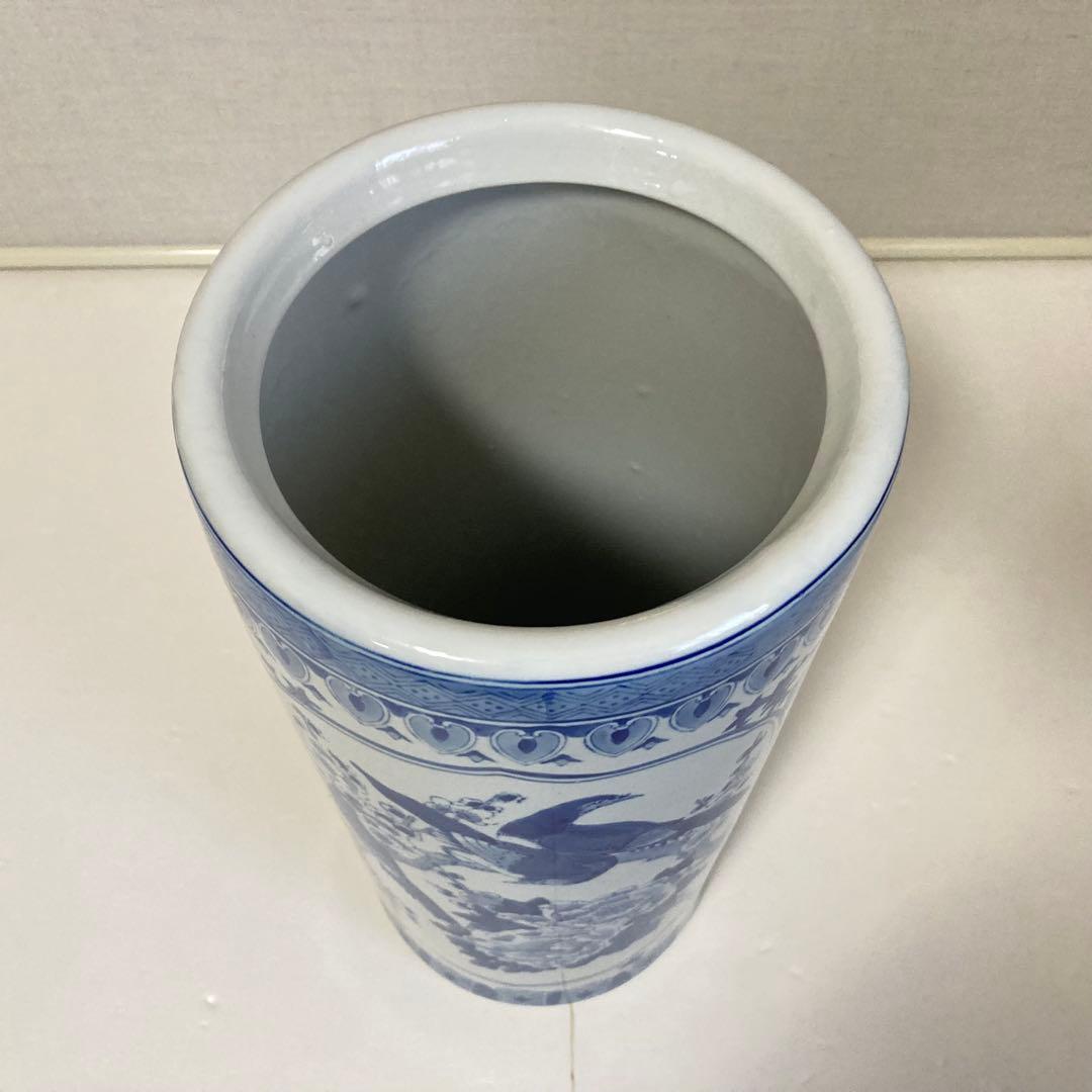 傘立て アンブレラスタンド 陶器 染付 花鳥 風景 山水 和風 円柱 レトロ