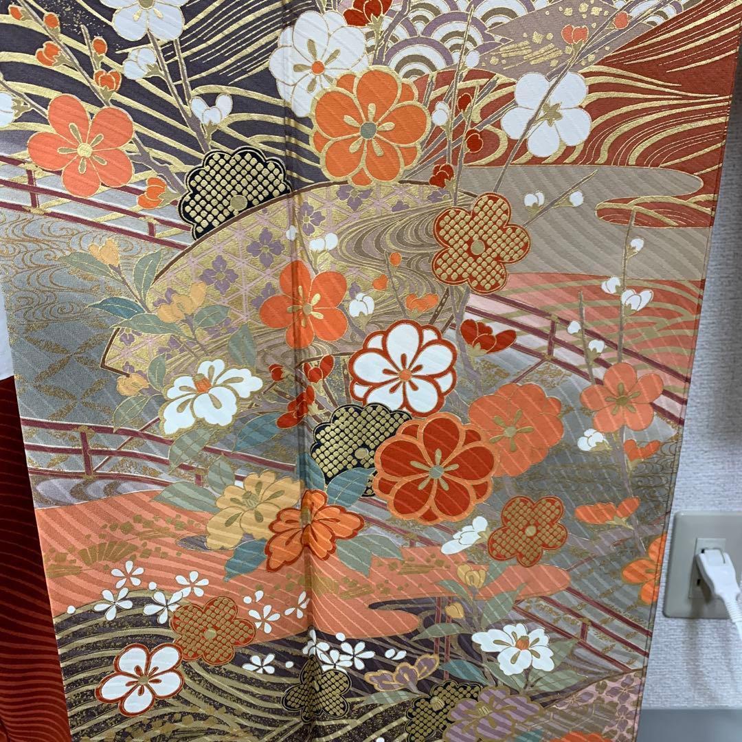 【売切値下げ】603zf9◯振袖 地紋 朱×グレー◯美品 成人式結婚式 リメイク