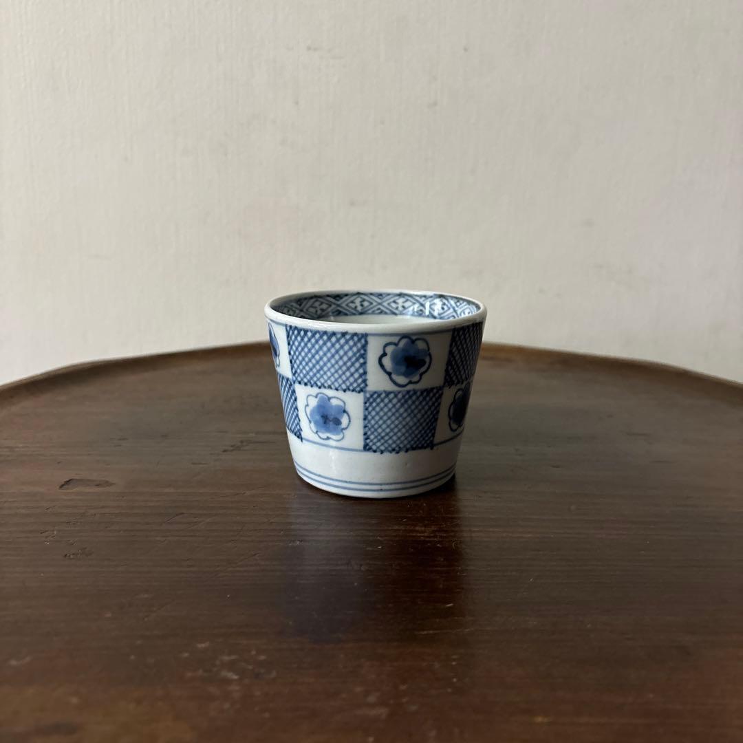 古伊万里 染付 市松花文　蕎麦猪口 骨董 江戸期 アンティーク　古道具　検:李朝