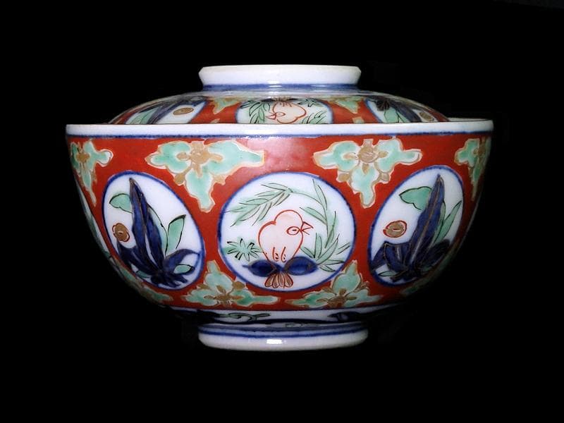 大聖寺伊万里　金襴手　丸紋に鳥の図　蓋茶碗　D136AS-fbqb