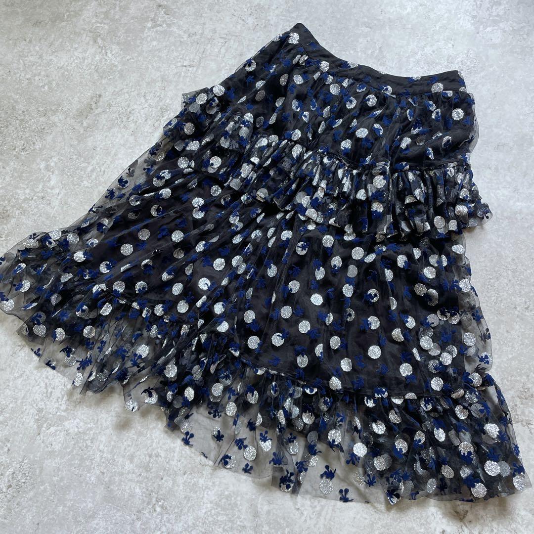 Shrimps シュリンプス　ドットグリッターチュールミディスカート　黒　L