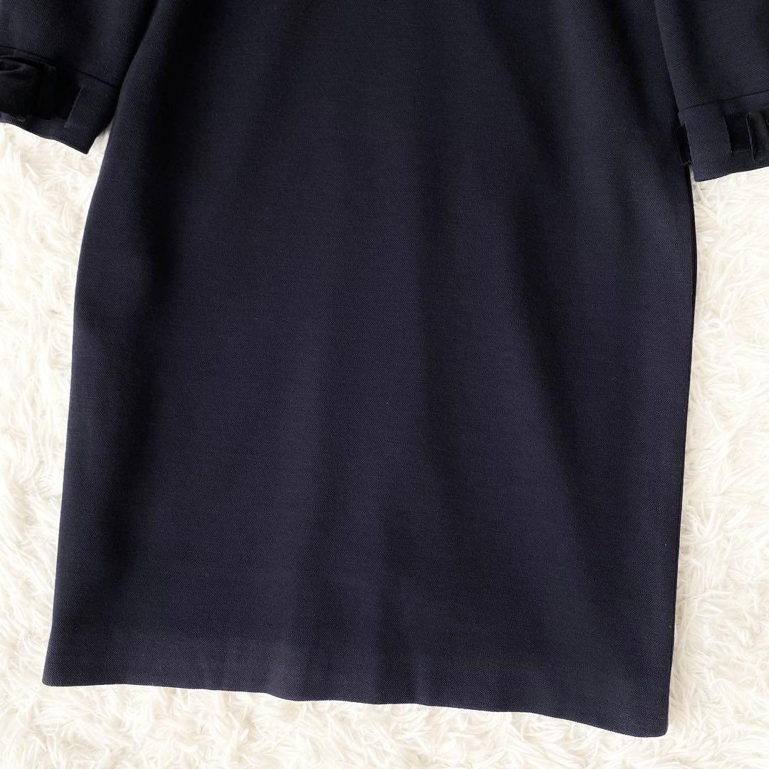 美品*最高級 FOXEY ひざ丈ワンピース 七部袖 ダークネイビー 大きいサイズ