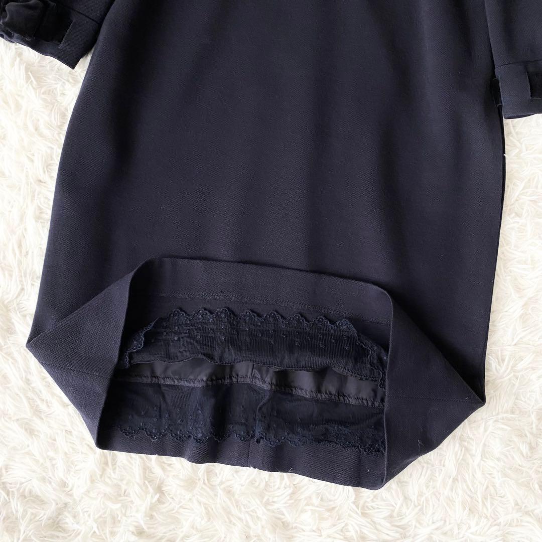 美品*最高級 FOXEY ひざ丈ワンピース 七部袖 ダークネイビー 大きいサイズ