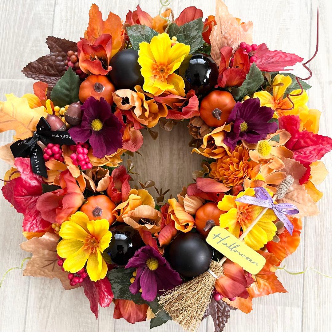 ハロウィン リース 秋リース 紅葉 カエデ 大人ハロウィン オレンジ 茶色 赤