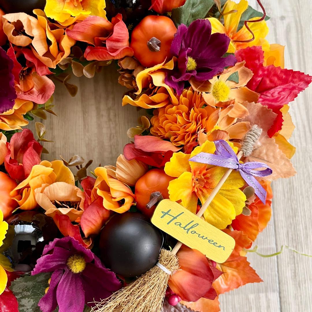 ハロウィン リース 秋リース 紅葉 カエデ 大人ハロウィン オレンジ 茶色 赤