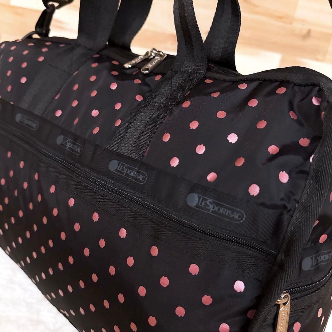 【レスポートサック】シャイニー ブラッシュ ドット ボストンバッグ 黒×ピンク