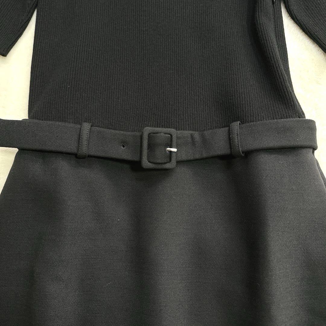 極美品 セオリー ニット ドッキングワンピース 膝丈 ハイネック フレア 黒 S