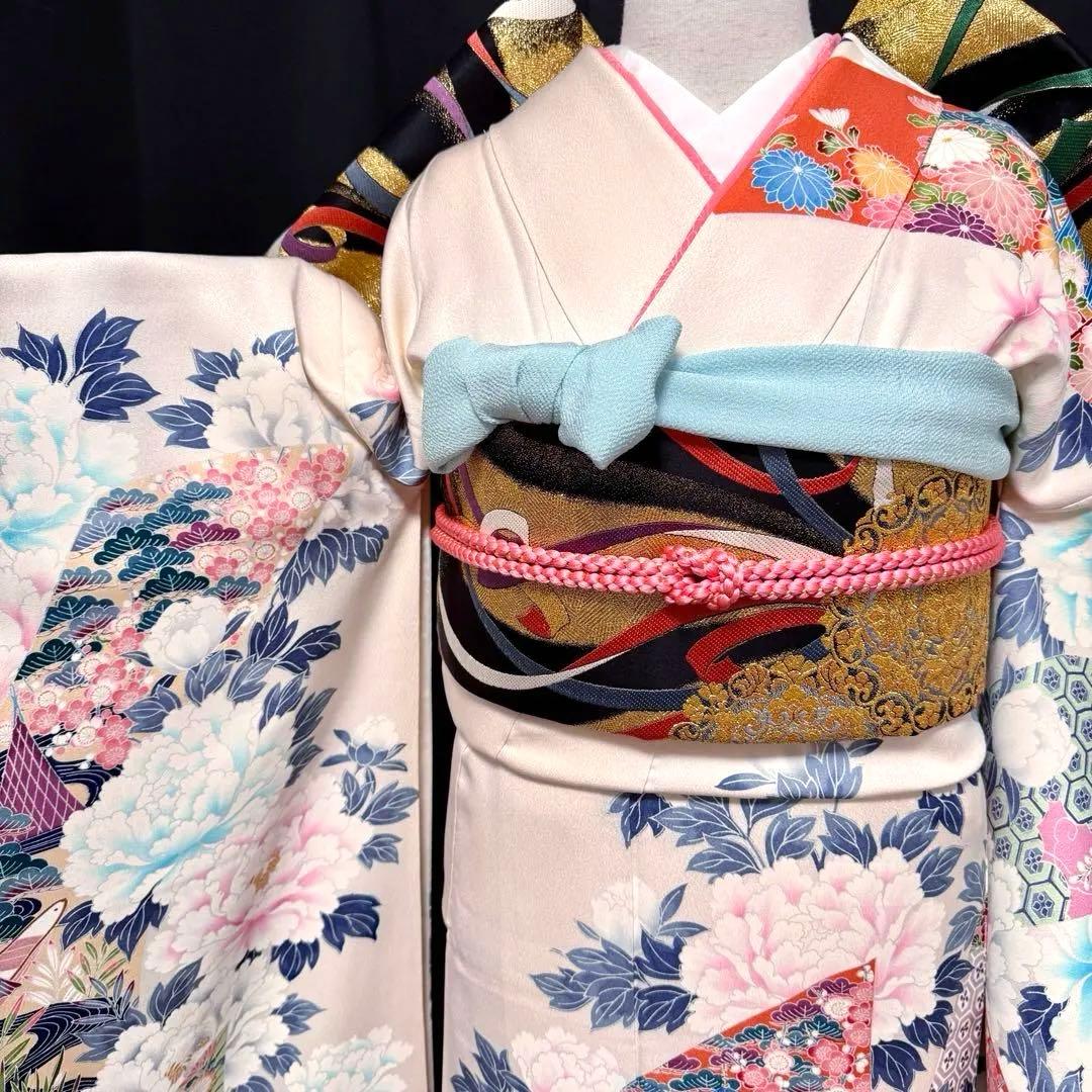 美品　振袖5点セット　正絹　古典柄　牡丹　成人式　159〜165cm