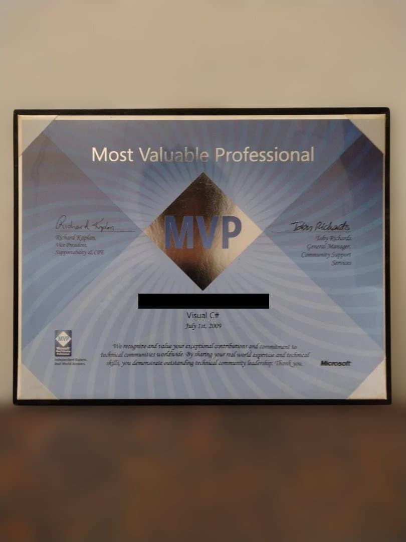 Microsoft MVP 受賞証明書 (2005年 ～ 2012年)