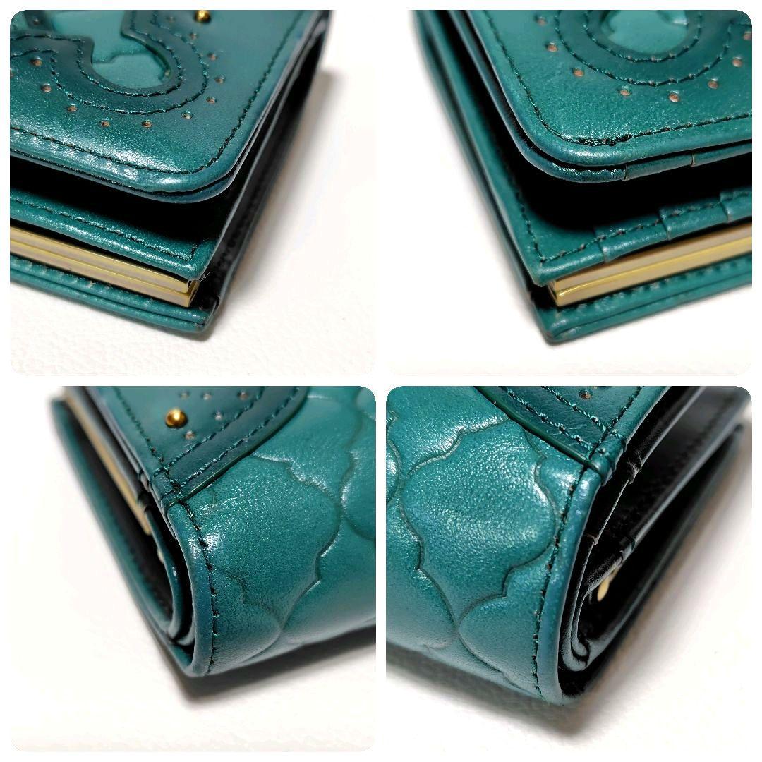 極美品✨　アナスイ　折り財布　グリーン　レザー　がま口　キルティング　パピヨン