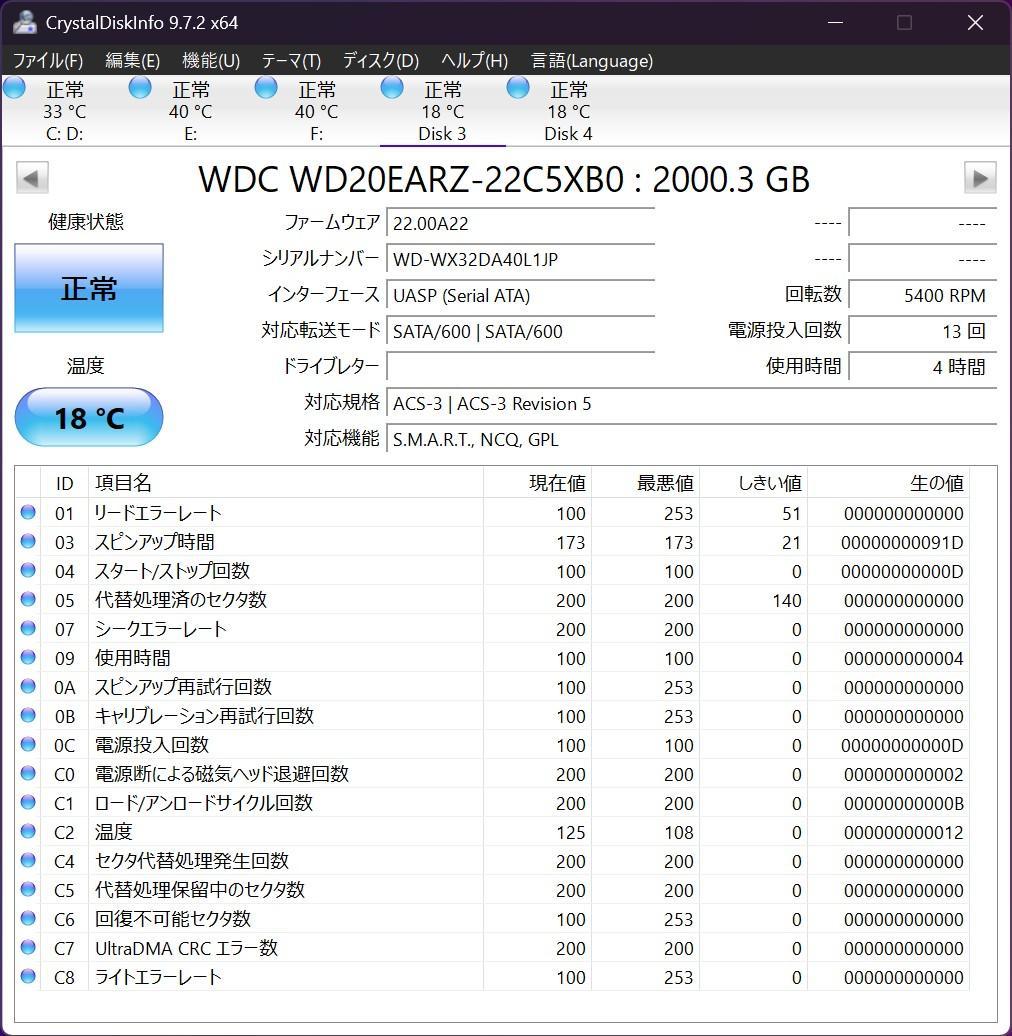 新近 WD20EARZ 2TB HDD 2024年製造 使用時間4時間