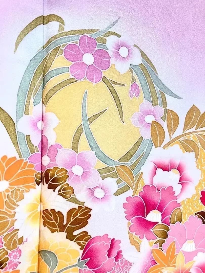 未使用美品 振袖 チャーミングなパステル澄んだ桃色 花丸文様 牡丹 橘 青い鳥