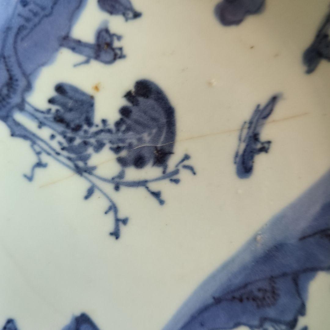 青い風景画の陶器の皿　古染付　骨董品